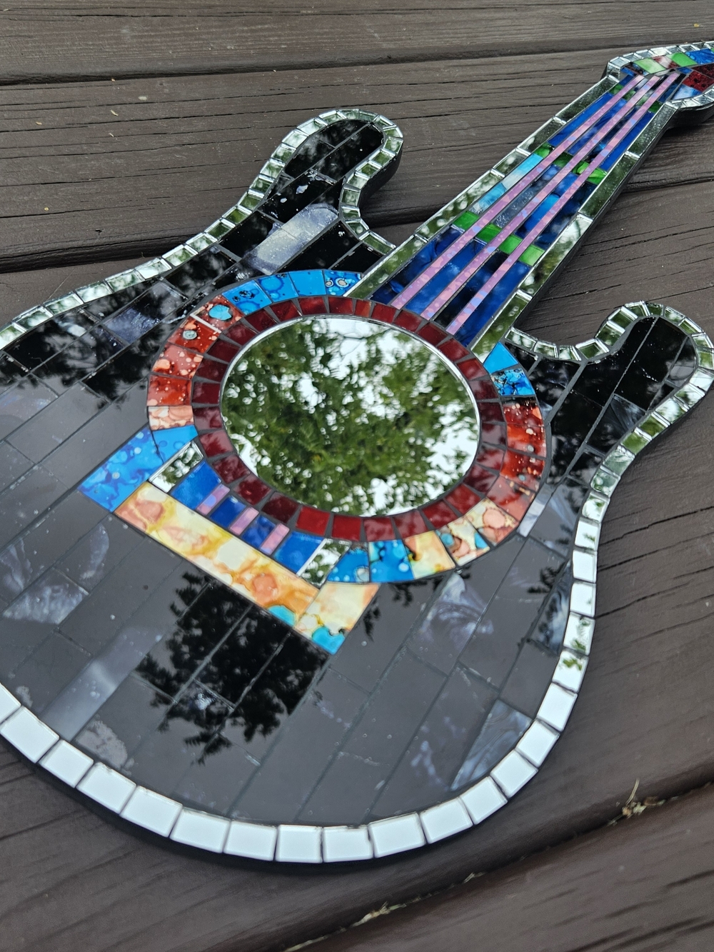 Handcrafted Mosaic Guitar Wall Mirror - Black with Multicolor Accents